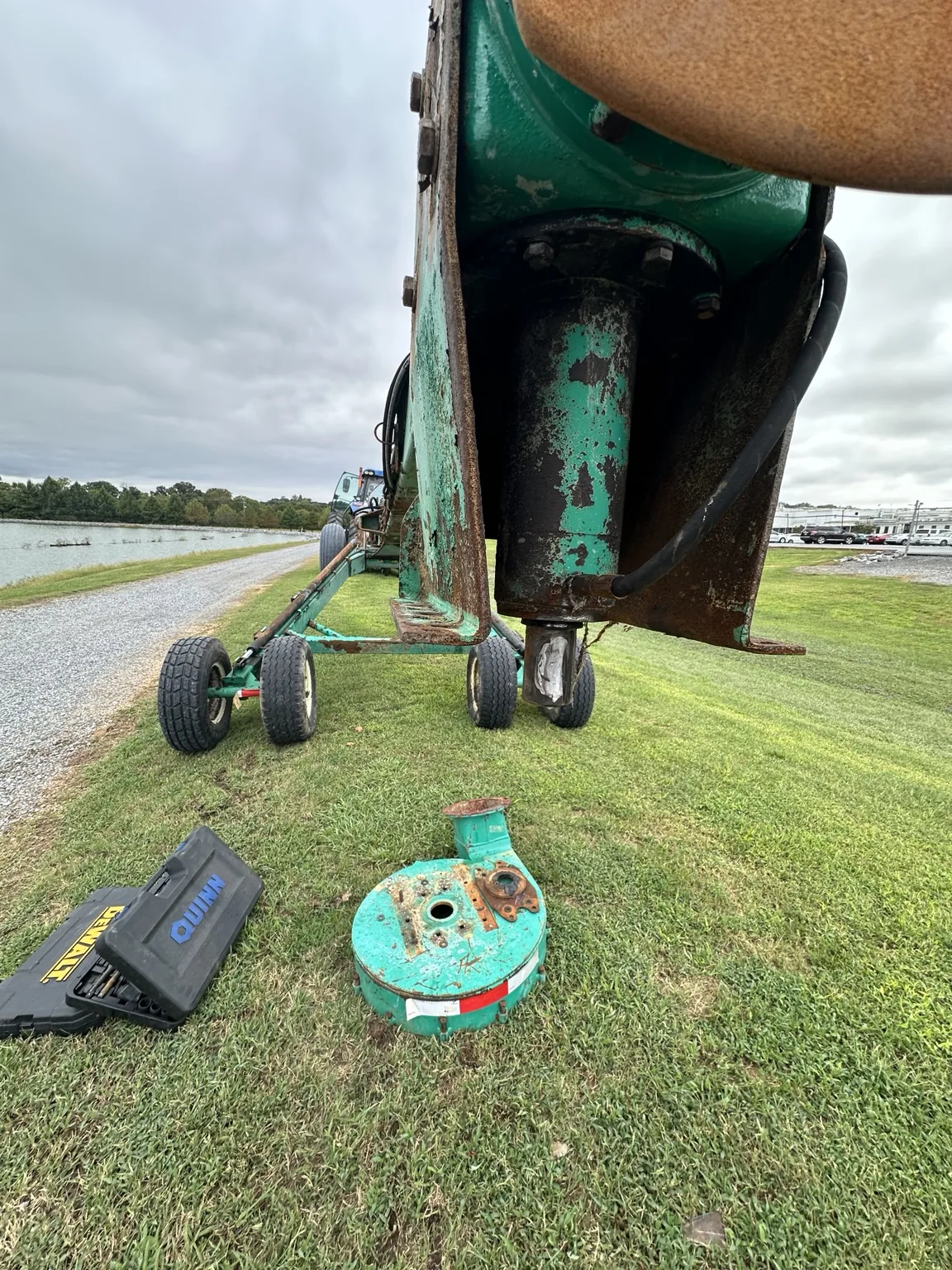 Sewage-pumping equipment with the shaft exposed during on-site welding in Collinsville, Alabama