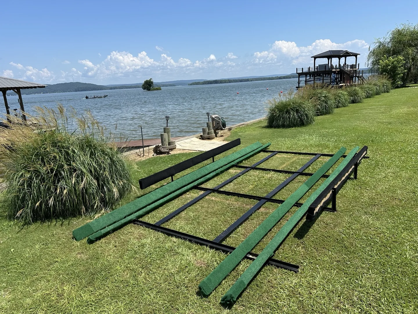 Completed custom steel frame fabricated for a lakeside project