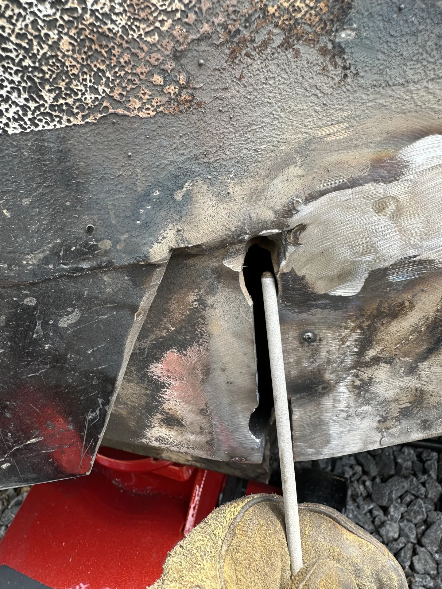 Trailer frame opened and prepared for welding